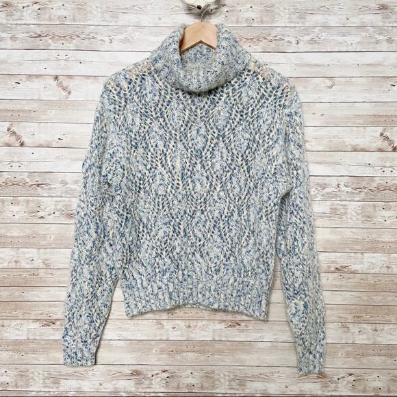 Vintage Liz Wear Turtleneck Pointelle Knit Sweater Blue Mohair 90s Beach Size S - Picture 7 of 7